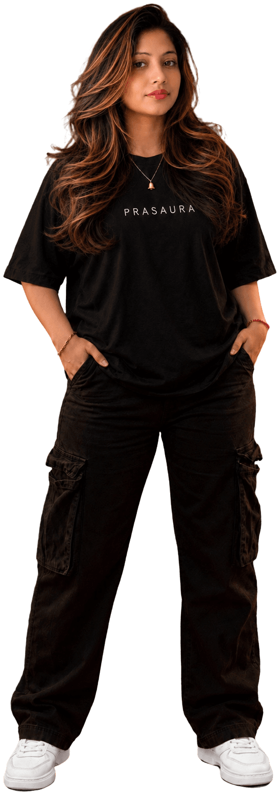 Model wearing a PrasAura t-shirt