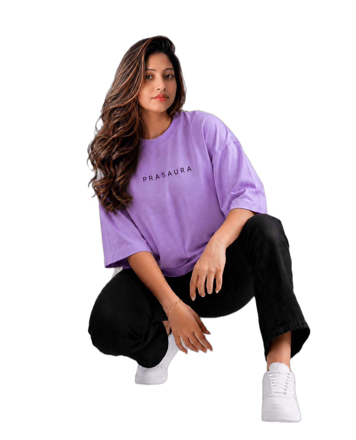 Model wearing a PrasAura t-shirt, second look